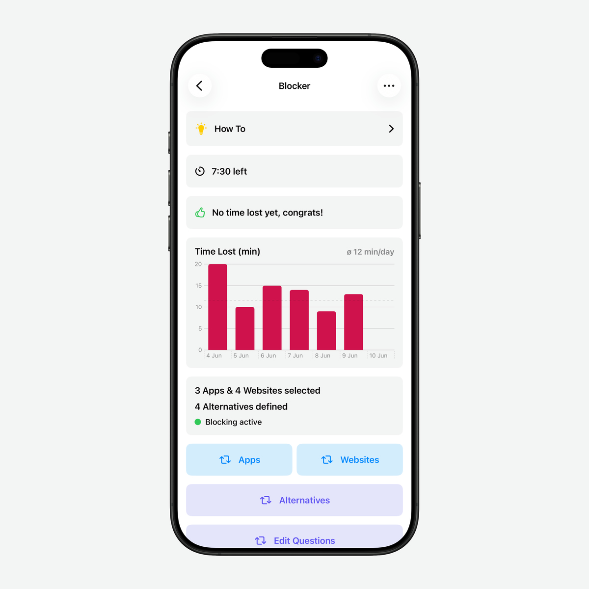 7III Life app blocker showing lost time statistics on iPhone